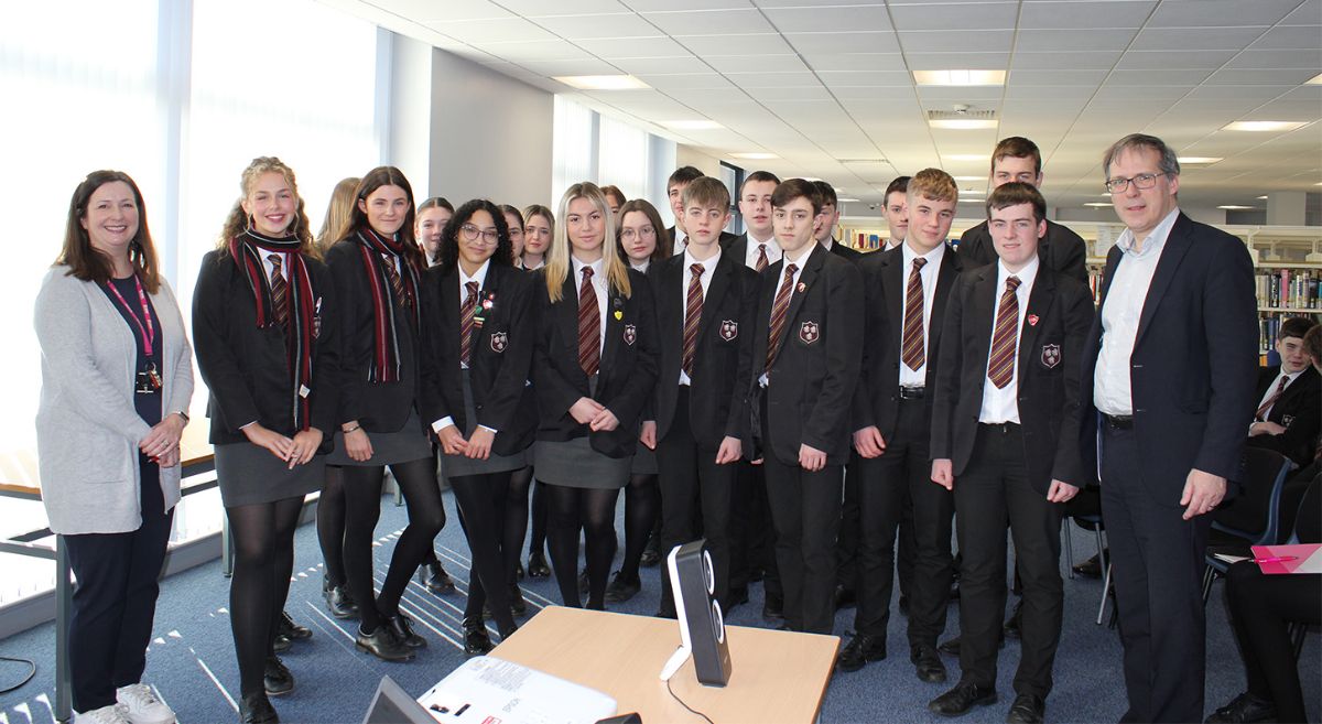 A group of students from Saintfield High School with SERC staff Shirley Moore (left) and Paul Walsh (right) at SERC Downpatrick Campus